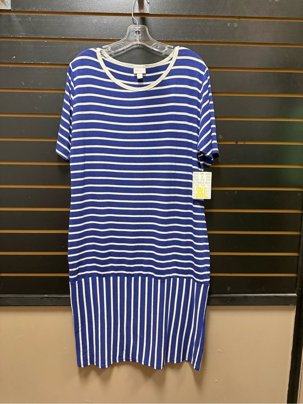 NWT LuLaRoe Julia Dress 3XL Blue White Striped Short Sleeve Stretch Midi